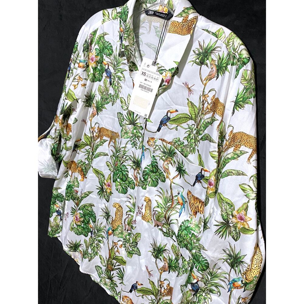 Zara Jungle Button Shirt Women XS Roll Tab Tropical Safari Leopard Boho Vacation - Picture 2 of 10